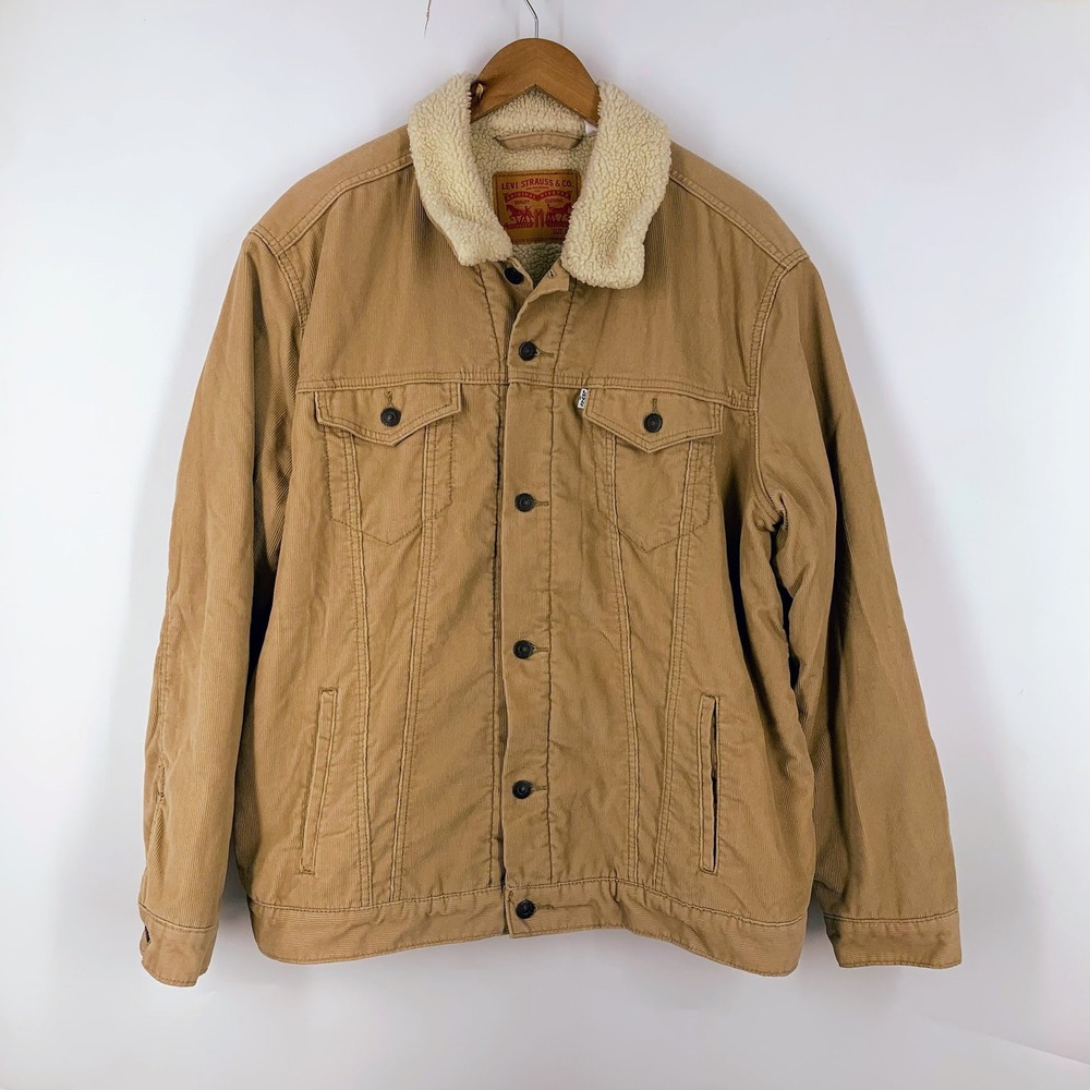 Levis Mens Sherpa Lined Corduroy Trucker Jacket Tan Brown Type 3 XL